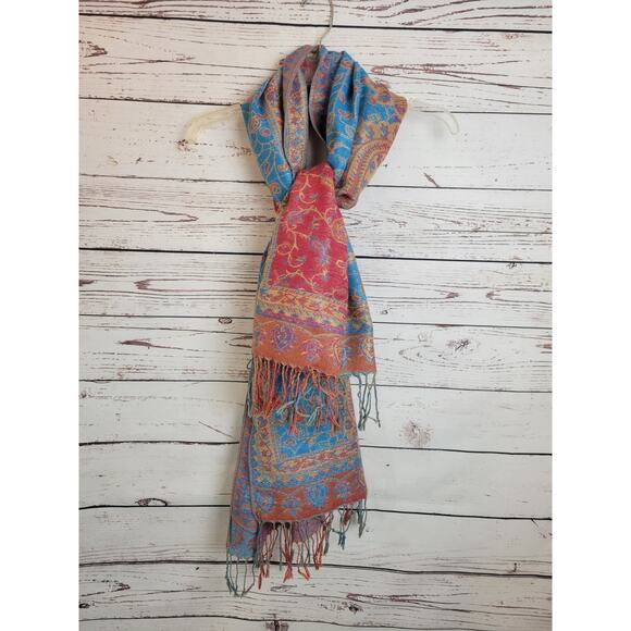 Reversible Fringe Shawl Scarf Pink Blue Paisley Metallic Thread Women's 28"x68" - Picture 5 of 10